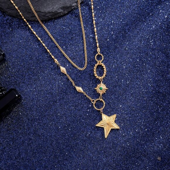 Women's Dainty Gold Trendy Layered Choker Starfish Starfish Turquoise Necklace - Picture 5 of 7